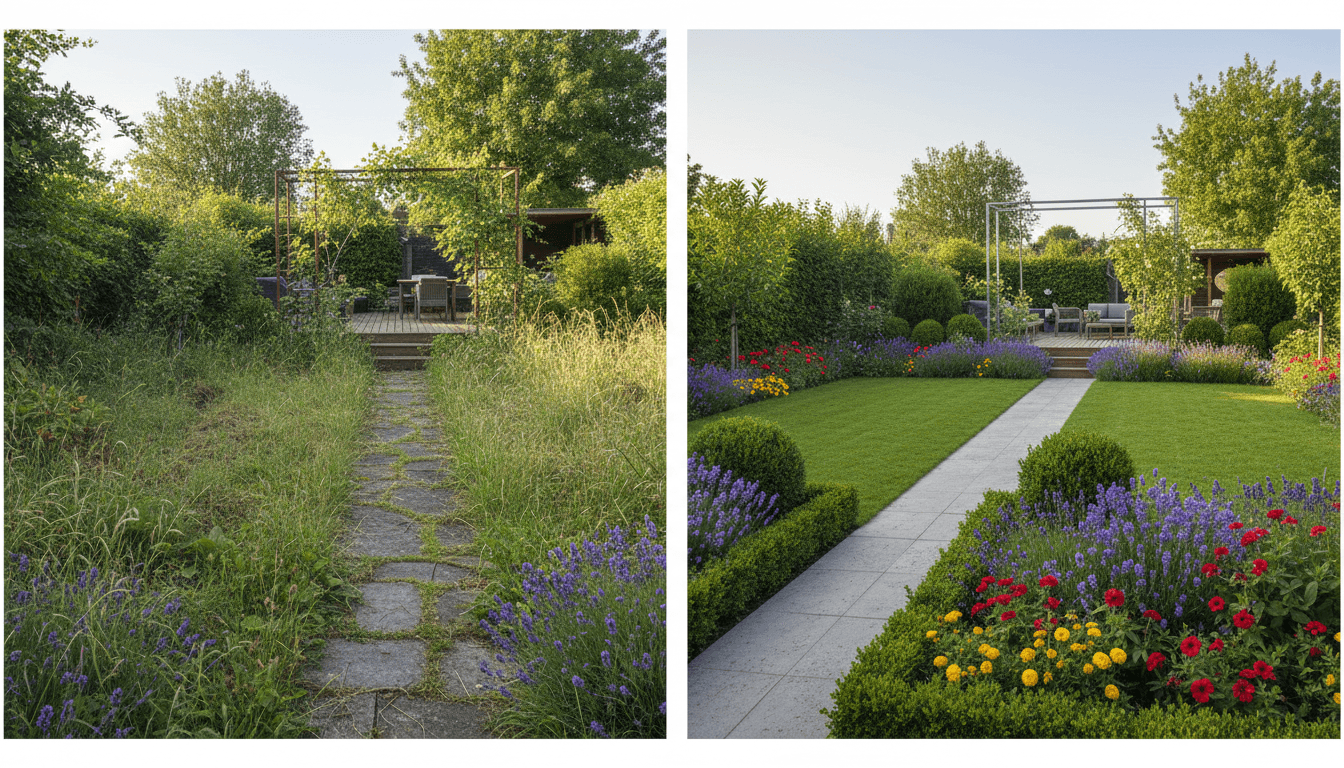 Side-by-side before-and-after garden transformation showing overgrown space renovated into beautiful maintained landscape