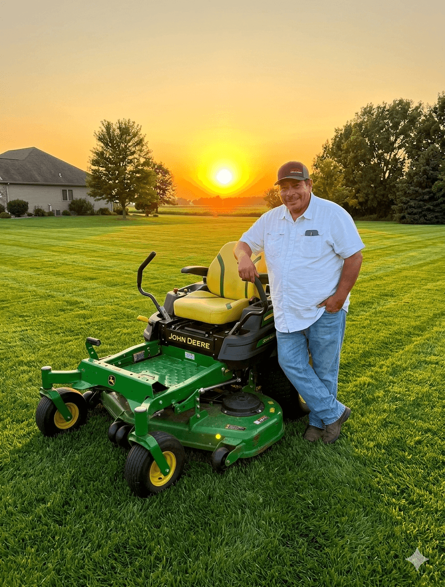 Smiling man leaning on a John Deere zero-turn mower on a lawn at sunset.